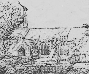Sketch of St Mylor church showing the buttress